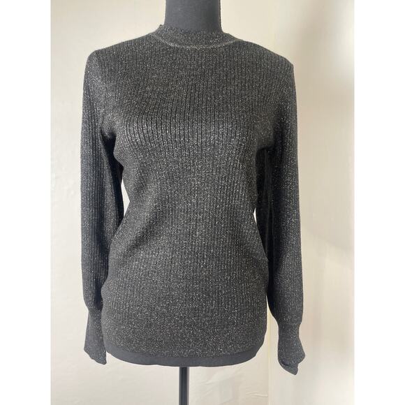 Loft Women's Cable Knit Metallic Chic Preppy Casual Soft Sweater Black Silver M - Picture 3 of 9